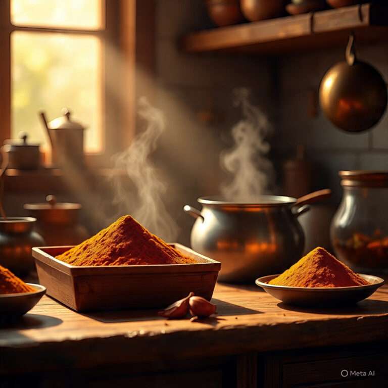 A warm Indian kitchen scene with soft sunlight, a spice box