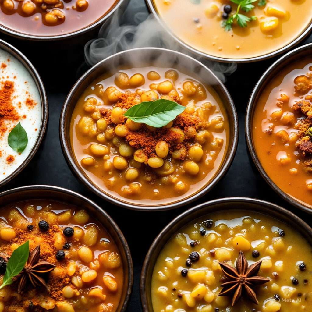 Multiple Indian dishes with different tadkas showcasing flavor variations and why every Indian dish starts with tadka