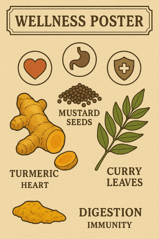 Healthy Indian spices used in tadka with icons showing health benefits, explaining why every Indian dish starts with tadka