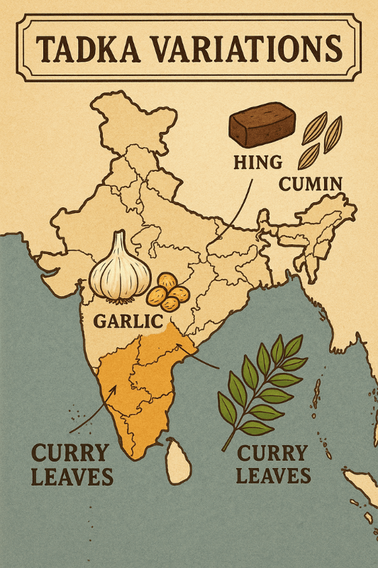 Map of India with regional tadka ingredients to highlight why every Indian dish starts with tadka across cultures