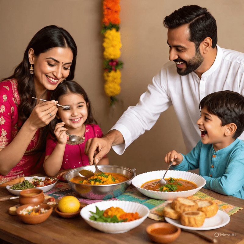 Indian family enjoying dal with fresh tadka, representing tradition and why every Indian dish starts with tadka